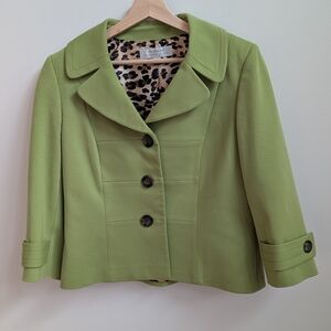 Tahari Arthur S. Levine Green Cropped Blazer with Leopard Lining – Size 10